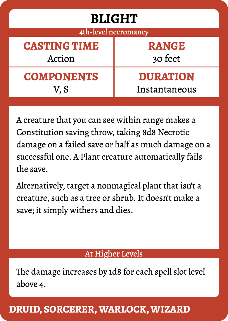 Blight 5e spell card