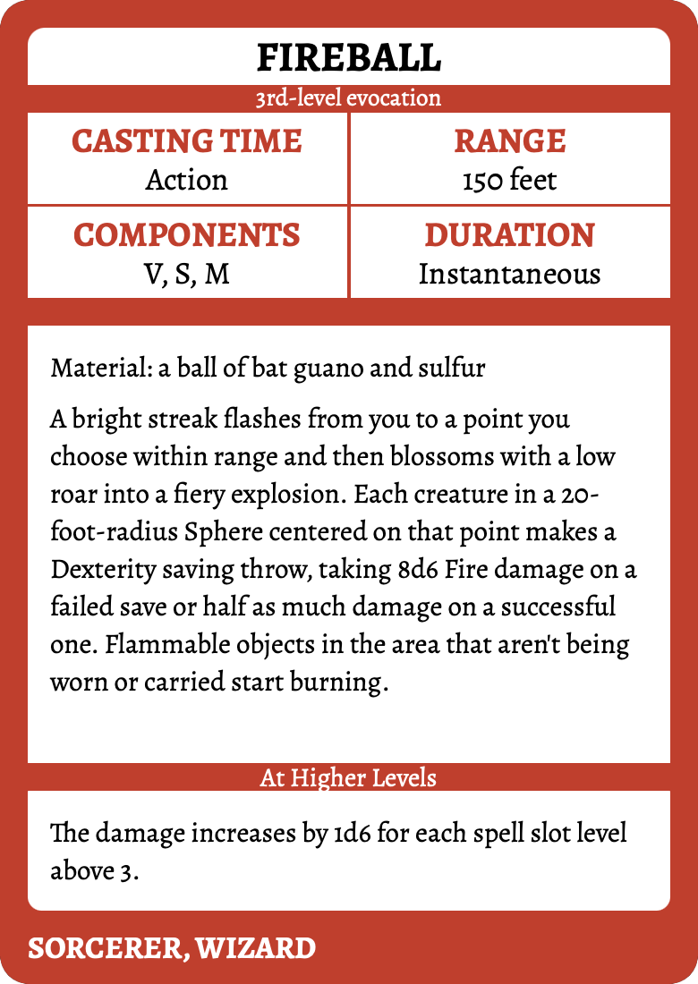Fireball 5e spell card